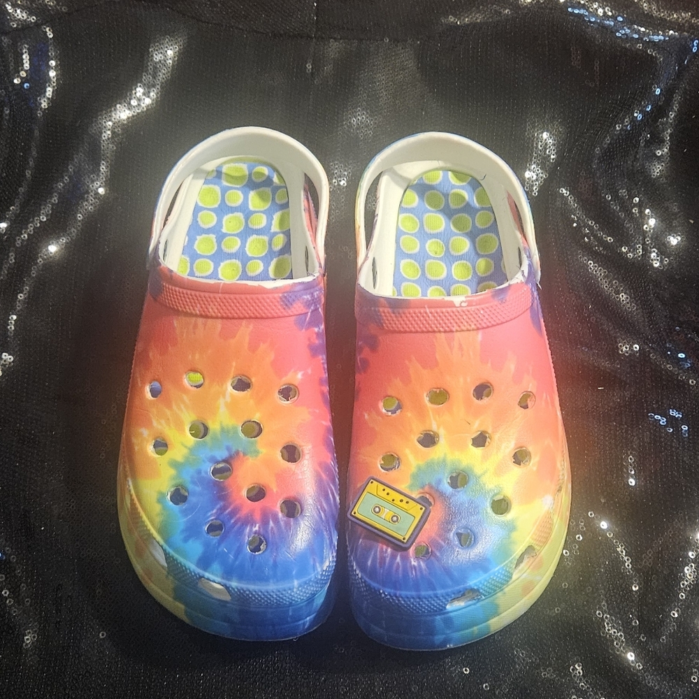 Red and Orange Mules with Perforated Upper and Smiley Design